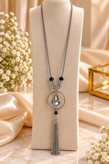 Elegant Long Silver Tassel Necklace – Black & Crystal Pendant