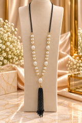 Elegant Long Pearl Necklace with Black Tassel