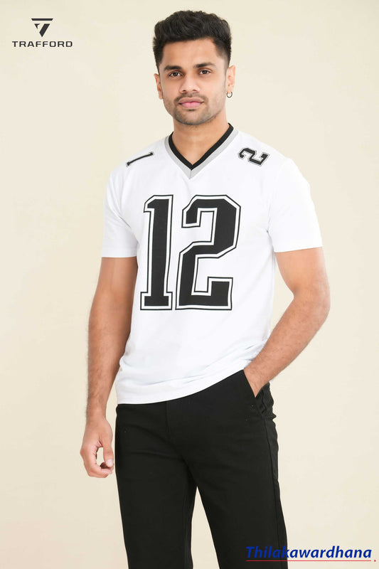 Printed Contrast V Neck T Shirt