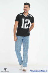 Printed Contrast V Neck T Shirt