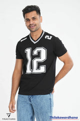 Printed Contrast V Neck T Shirt