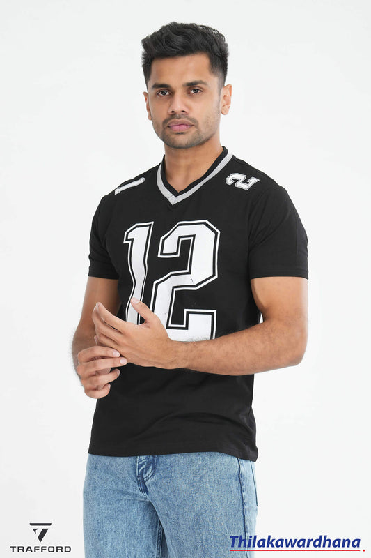 Printed Contrast V Neck T Shirt