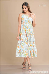 Aura Floral Printed Strappy Midi Dress