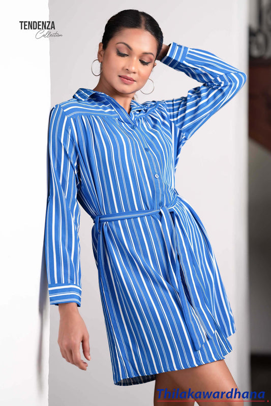 Tendenza Striped Print Belted Shirt Dress