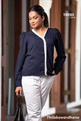 Tendenza Lace Patchwork V Neck Long Sleeve Top