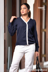 Tendenza Lace Patchwork V Neck Long Sleeve Top