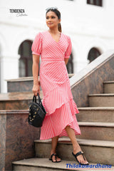 Tendenza Striped Ruffle Hem Midi Dress