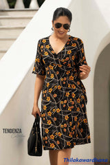 Tendenza V Neck Tie Waist Wrapped Dress
