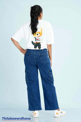 Mid Waist Contrast Detailed Cargo Jean