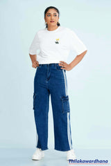 Mid Waist Contrast Detailed Cargo Jean