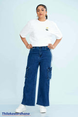 Mid Waist Contrast Detailed Cargo Jean