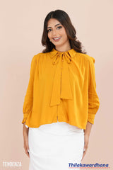 Tendenza Bow Tie Neck Ruffle Hem Blouse