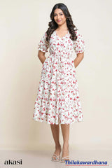 Tendenza Drawstring Waist Puff Sleeve Tiered Dress