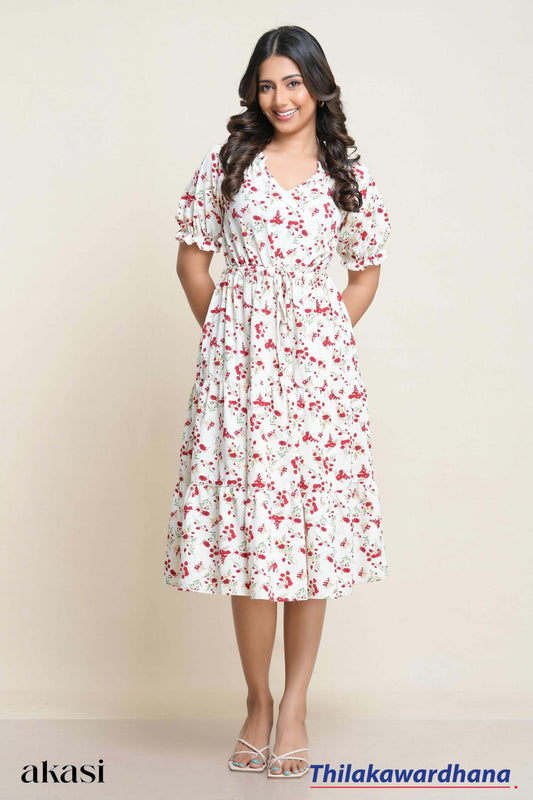 Tendenza Drawstring Waist Puff Sleeve Tiered Dress