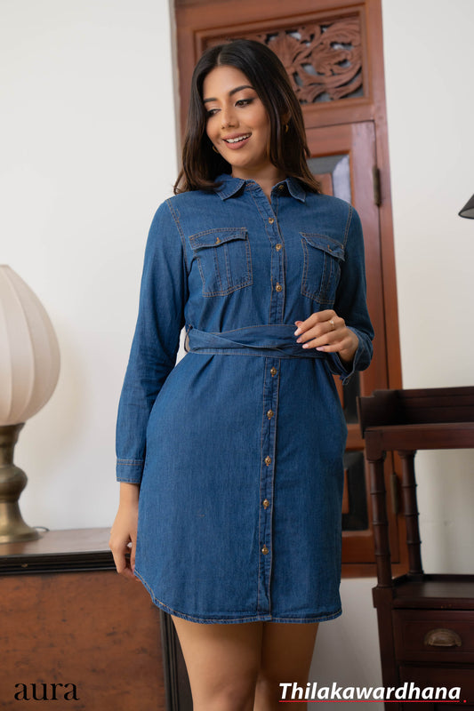 Aura Waist Belted Denim Shirt Dress