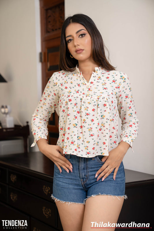 Tendenza Chinese Collared Long Sleeve Printed Top