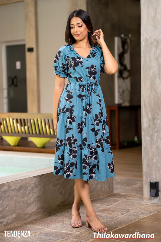 Tendenza Drawstring Waist Puff Sleeve Tiered Dress