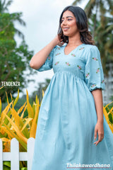 Tendenza Pastel Blue Boho Embroidery Midi Dress
