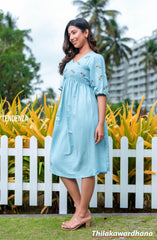 Tendenza Pastel Blue Boho Embroidery Midi Dress
