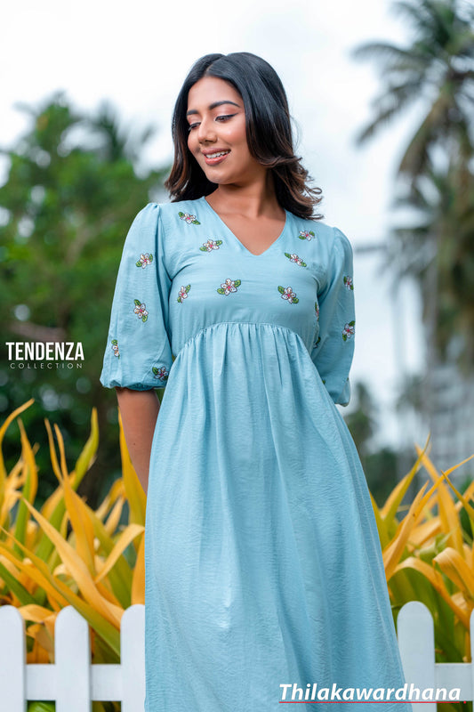 Tendenza Pastel Blue Boho Embroidery Midi Dress