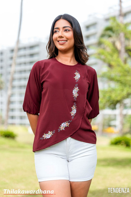 Tendenza Elegant Floral Embroidery Wrap Top