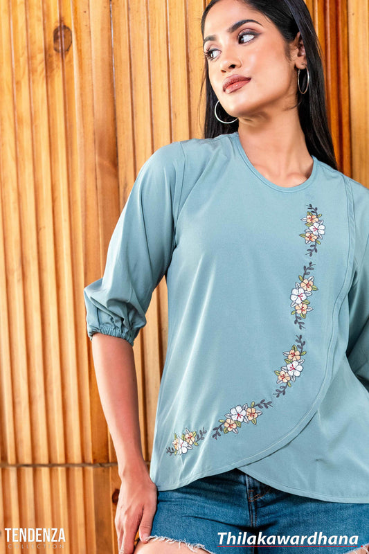 Tendenza Elegant Floral Embroidery Wrap Top