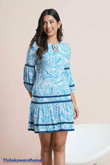 Aura Tropical Azure Paisley Bell Sleeve Mini Dress