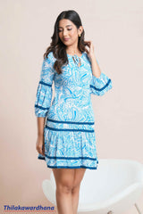 Aura Tropical Azure Paisley Bell Sleeve Mini Dress