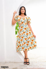 Tendenza Square Neckline Puff Sleeve Midi Dress