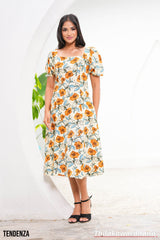 Tendenza Square Neckline Puff Sleeve Midi Dress