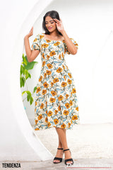 Tendenza Square Neckline Puff Sleeve Midi Dress