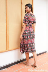 Tendenza V Neck Puff Sleeve Midi Dress