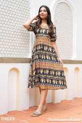 Tendenza V Neck Puff Sleeve Midi Dress