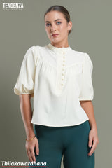 Tendenza Puff Sleeve Stand Collar Buttoned Top