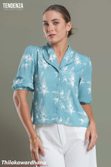 Tendenza Leaf Printed Shawl Collar Blouse