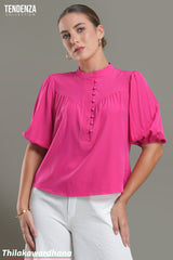 Tendenza Puff Sleeve Stand Collar Buttoned Top