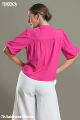 Tendenza Puff Sleeve Stand Collar Buttoned Top