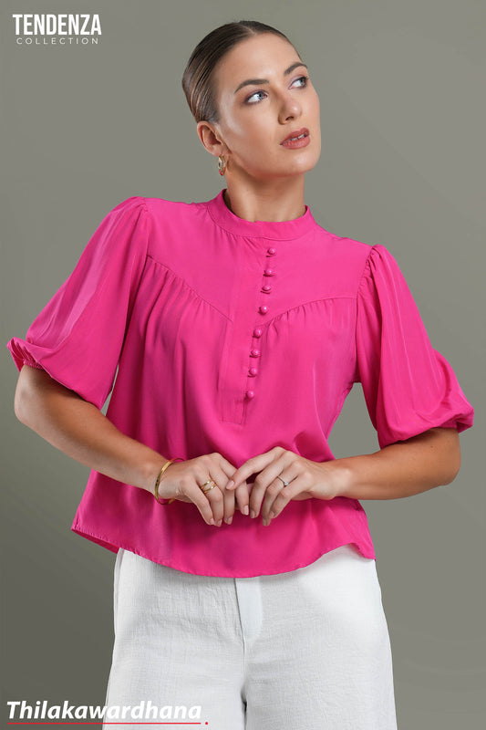 Tendenza Puff Sleeve Stand Collar Buttoned Top