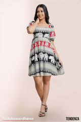 Tendenza Boho Elephant Print Puff Sleeve Dress
