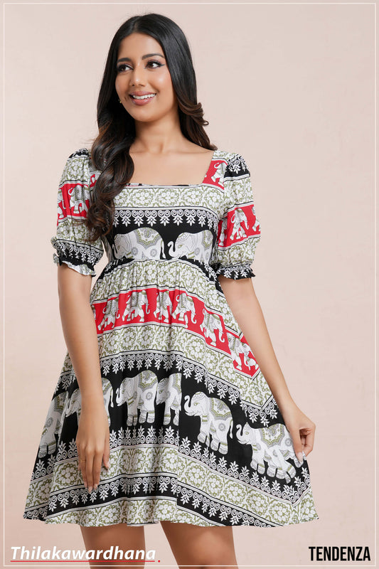 Tendenza Boho Elephant Print Puff Sleeve Dress