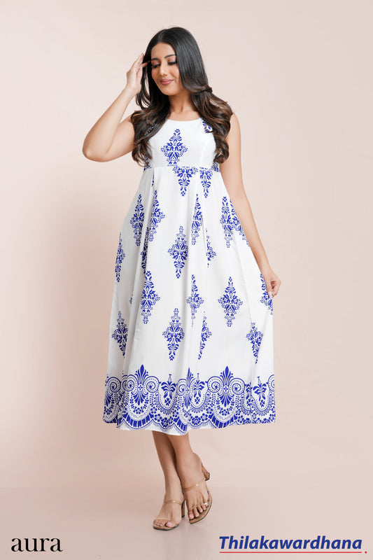 Aura Border Print Decorative Scalloped Pattern Dress