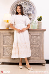 Tendenza Embroidered Puff Sleeve Midi Dress