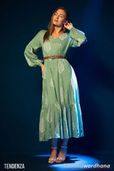 Tendenza Bishop Sleeve Tiered Belted Maxi Dress