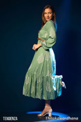 Tendenza Bishop Sleeve Tiered Belted Maxi Dress