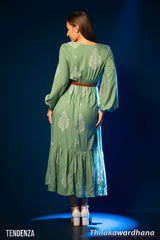 Tendenza Bishop Sleeve Tiered Belted Maxi Dress