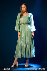 Tendenza Bishop Sleeve Tiered Belted Maxi Dress