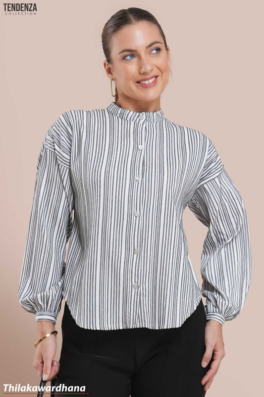 Tendenza Textured Striped Mandarin Collar Top