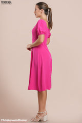 Tendenza Square Neckline Puff Sleeve Midi Dress