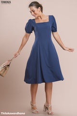 Tendenza Square Neckline Puff Sleeve Midi Dress