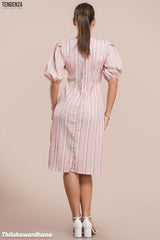 Tendenza Textured Striped Puff Sleeve Midi Dress